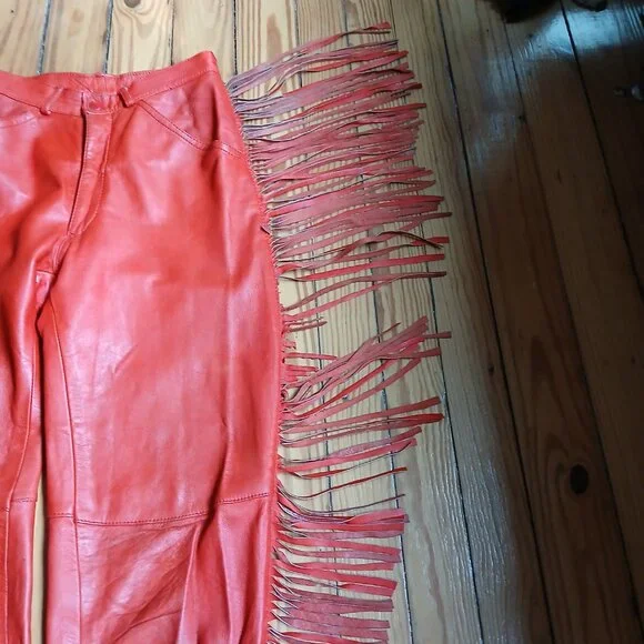 Fiorucci 1980 Vintage Red Leather Fringe Safety Jeans * Edgy Western * Sz 28 - Picture 12 of 14